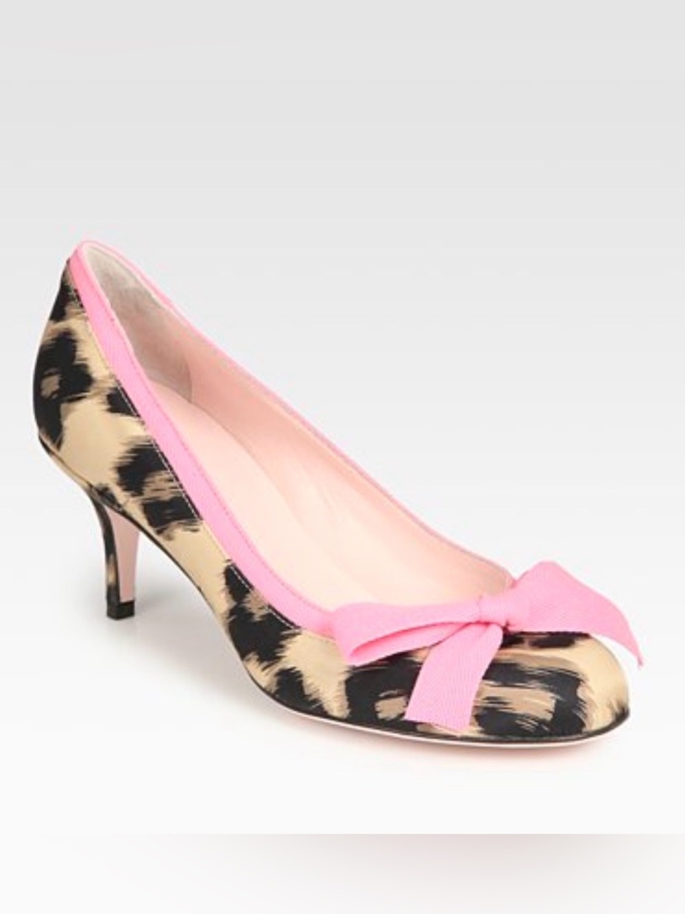 Red Valentino Leopard Print Pink Bow Kitten Heels Pumps 37.5 Made Italy